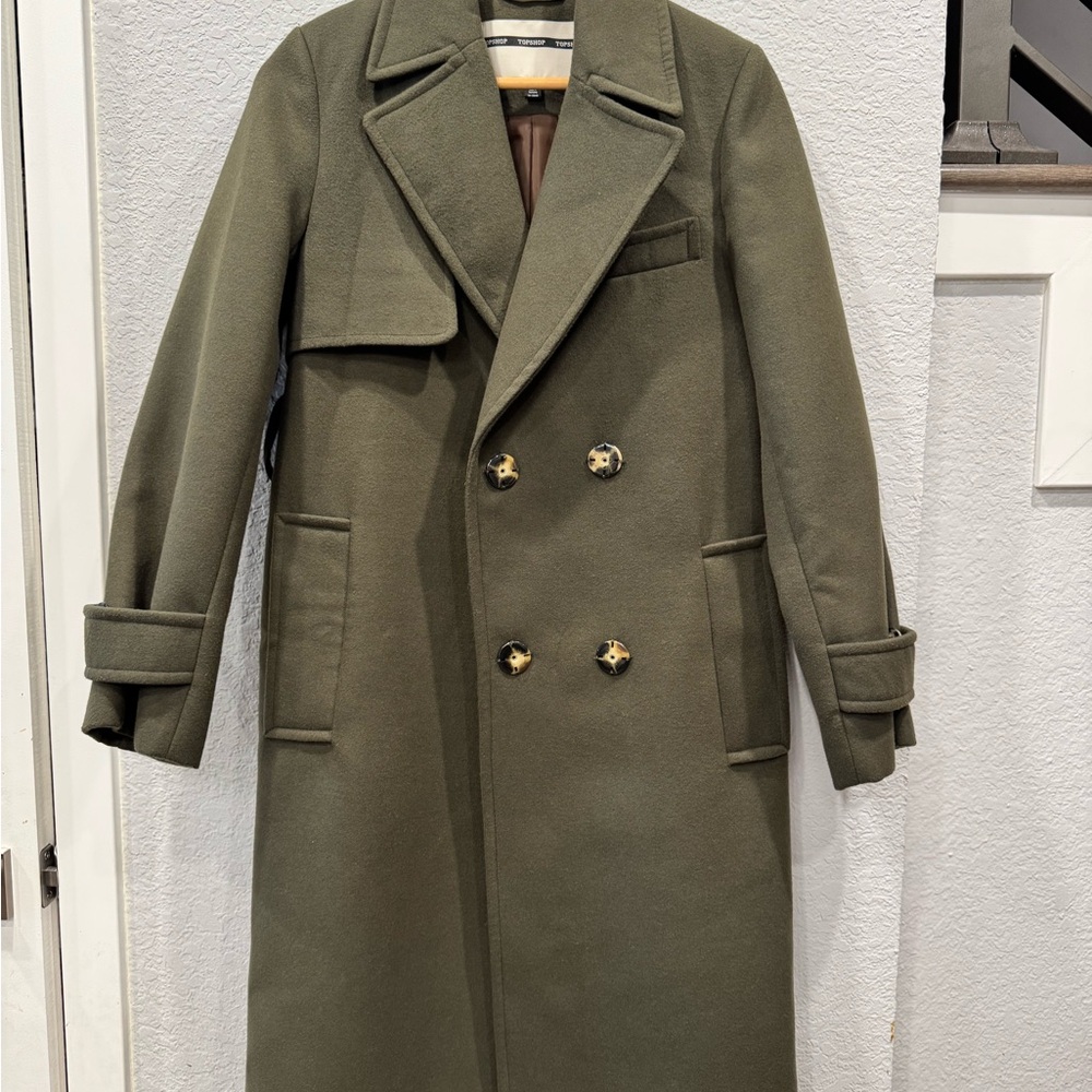 Topshop Green Trench Coat with Wide Lapels